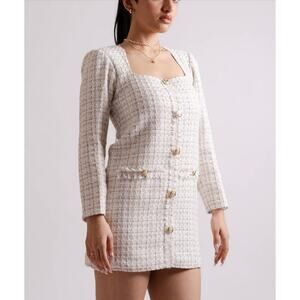 The Sang Square Neck Long Sleeve Tweed Dress Cream Womens Size Large